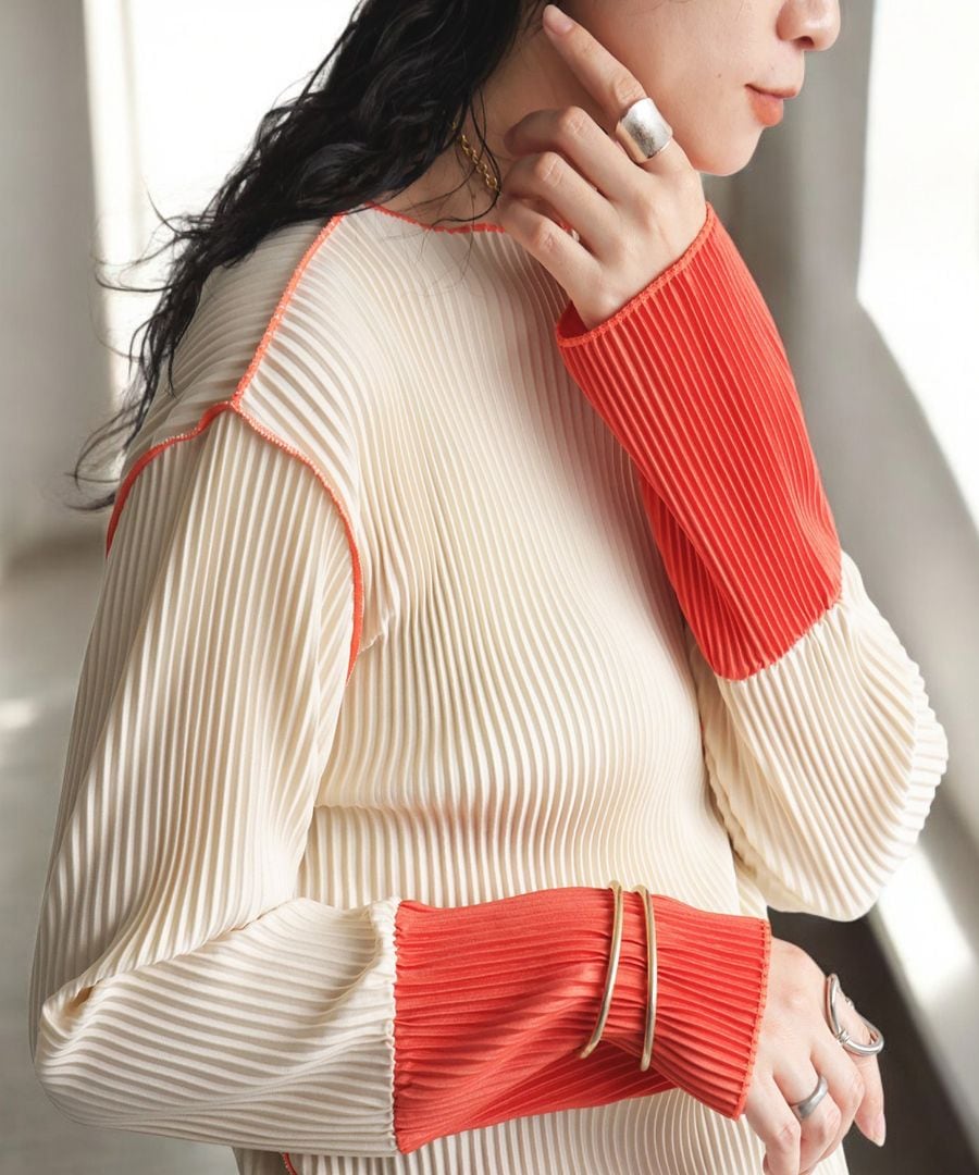 プリーツトップス トップス レディース 長袖 丸首 送料無料・再