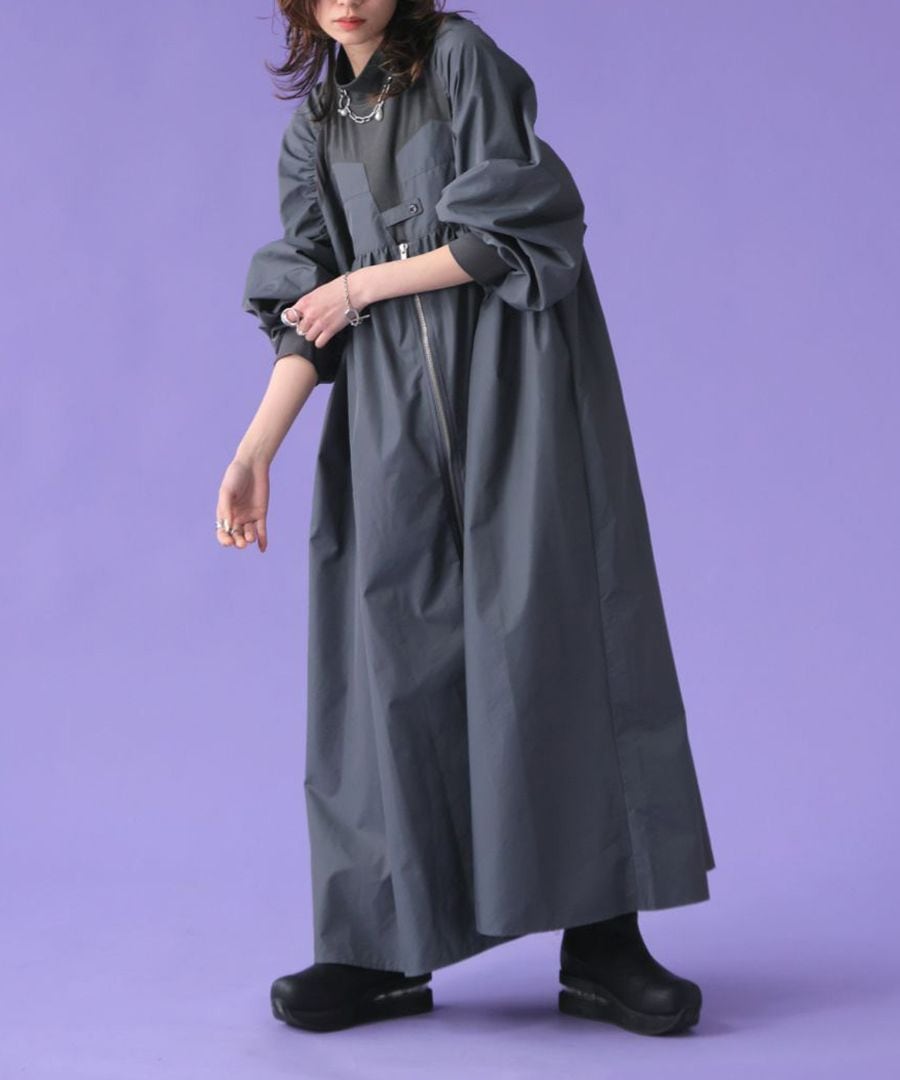 ギャザースリーブ ジップワンピース レディース 長袖 送料無料