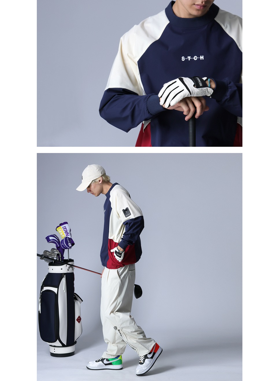 予約：10月上旬納期】ANTIQUA GOLF×STCH 配色プルオーバー 送料