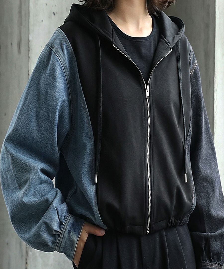 異素材切替 裏毛×デニム パーカー レディース フーディー 送料無料