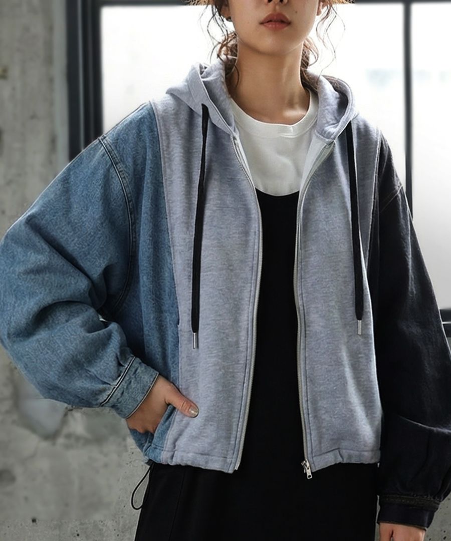 希少 STONE  異素材切り替え ナイロンジャケット パーカー L 異素材切替 裏毛×デニム パーカー レディース フーディー 送料無料