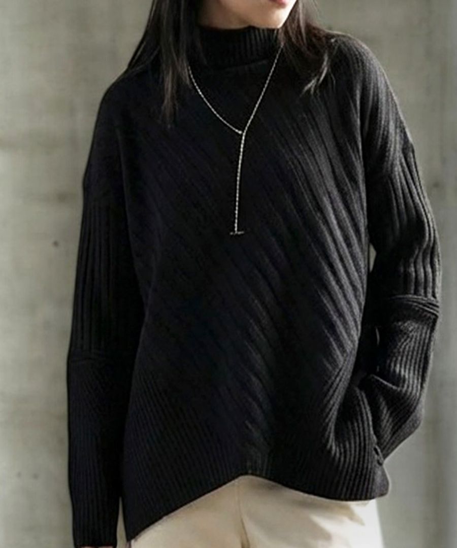 変形 リブニット レディース 長袖 ハイネック 送料無料・メール便不可