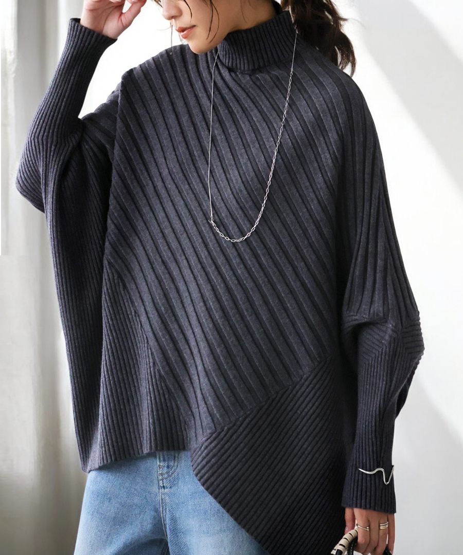 変形 リブニット レディース 長袖 ハイネック 送料無料・メール便不可