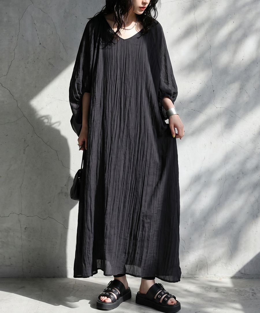 湯様　ワンピース　black 隠して、魅せる。ワンピース レディース 七分袖 ガーゼ ロング 送料