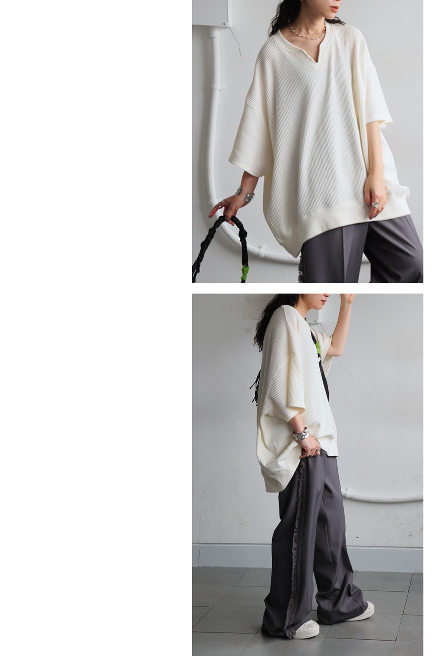 オニワッフルカットソー カフタン襟 半袖 トップス レディース