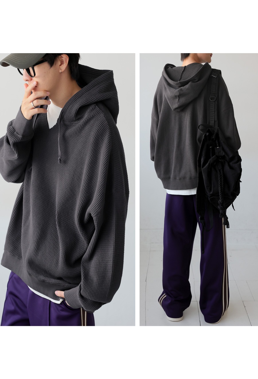 TONO&WAKA出品 ガゼット風ネックフーディー メンズ 鬼ワッフル 長袖 送料無料