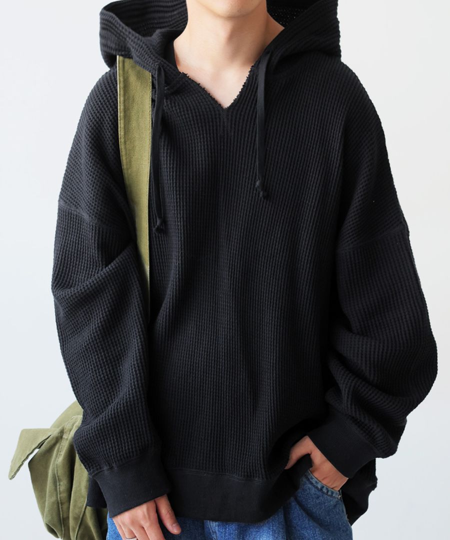 ガゼット風ネックフーディー メンズ 鬼ワッフル 長袖 送料無料・メール