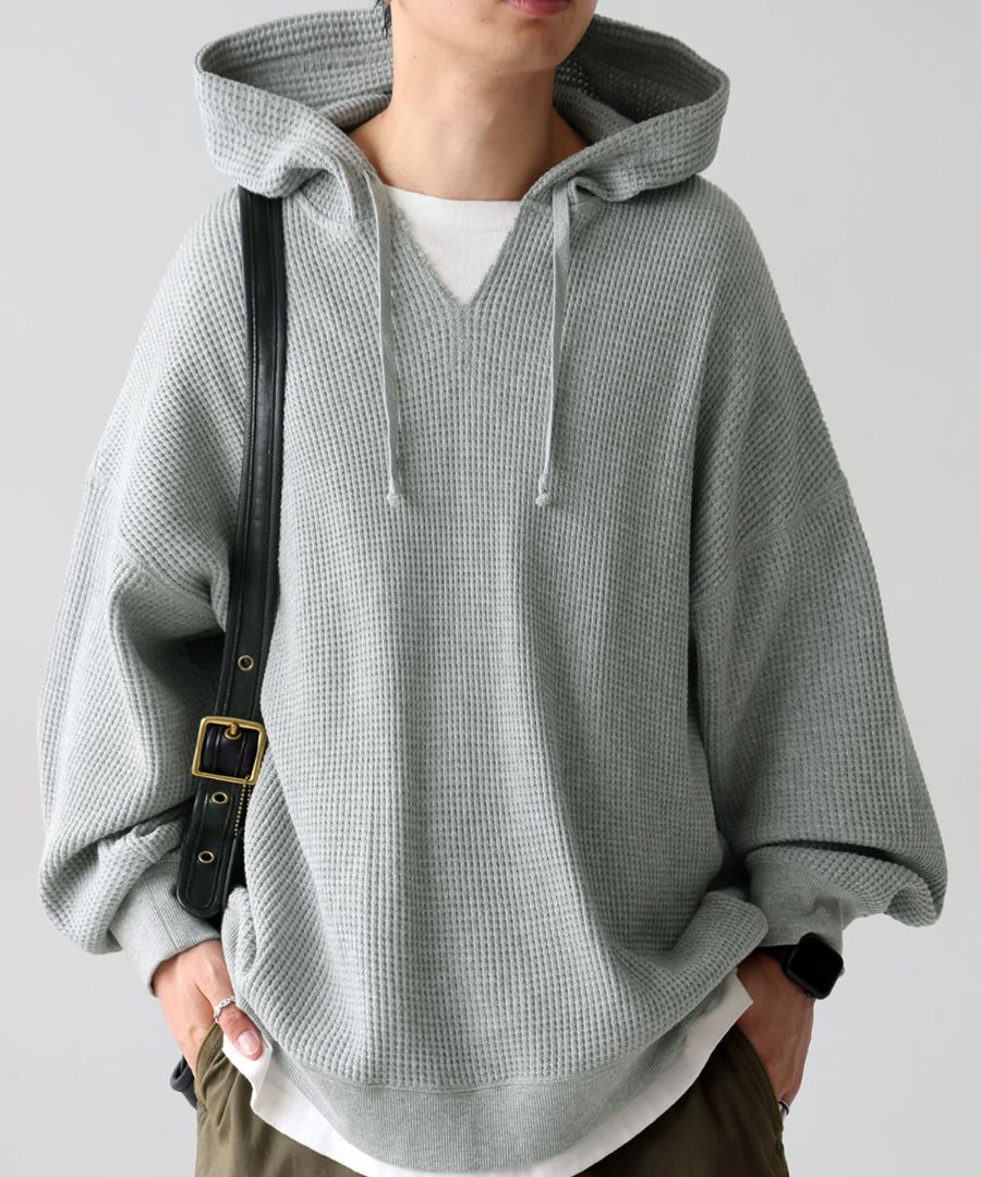再入荷予定有!ガゼット風ネックフーディー メンズ 鬼ワッフル 長袖