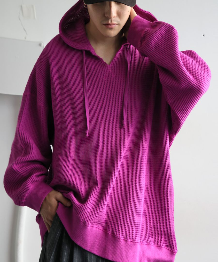 ガゼット風ネックフーディー メンズ 鬼ワッフル 長袖 送料無料・再入荷