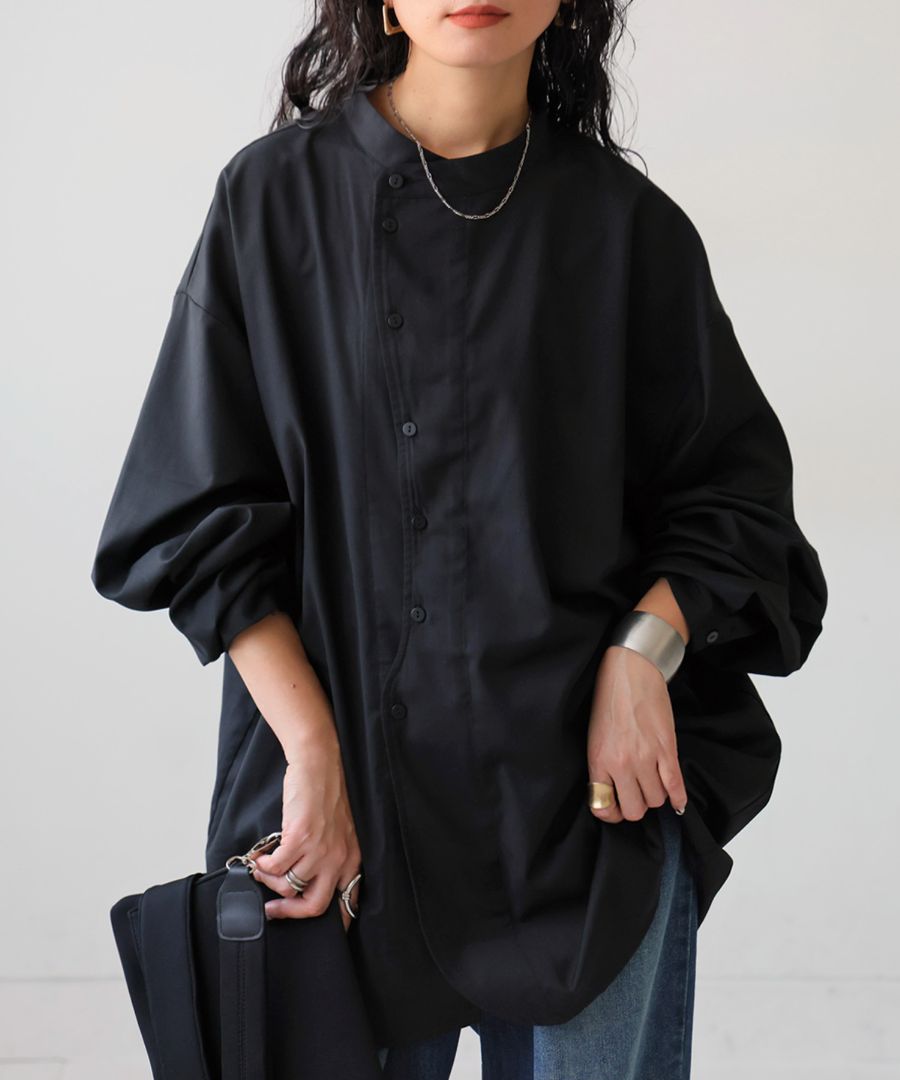 ノーカラーシャツ シャツ レディース トップス 長袖 無地 送料無料