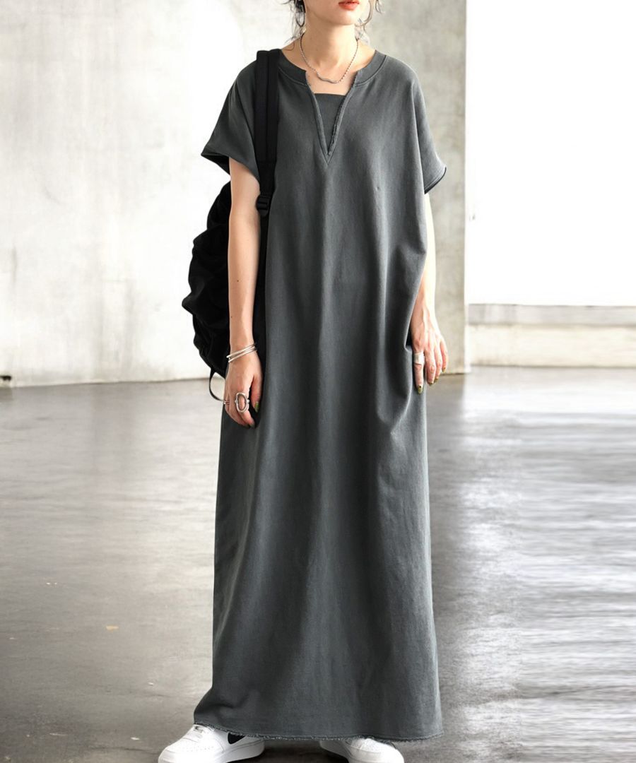 ピグメント加工 ワンピース レディース ロング 半袖 送料無料・メール