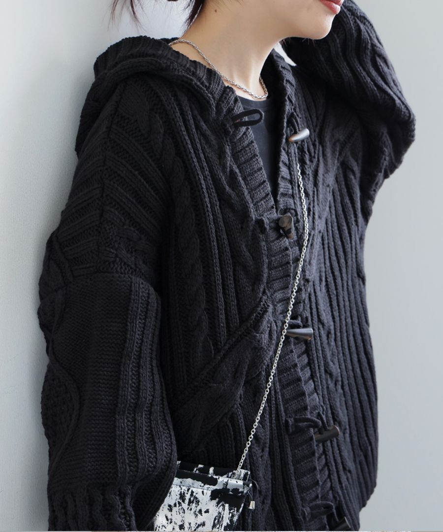 ケーブル編み トグルボタン ニットフーディー レディース 送料無料