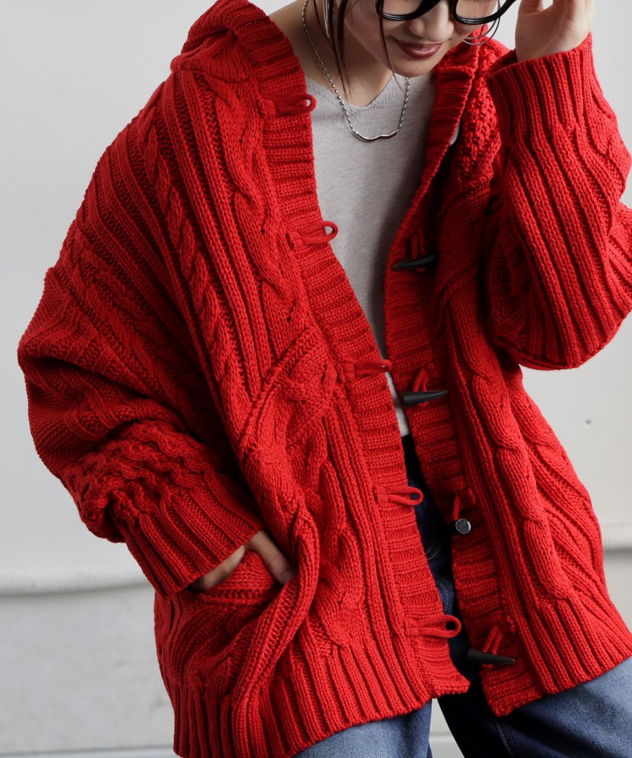 ケーブル編み トグルボタン ニットフーディー レディース 送料無料