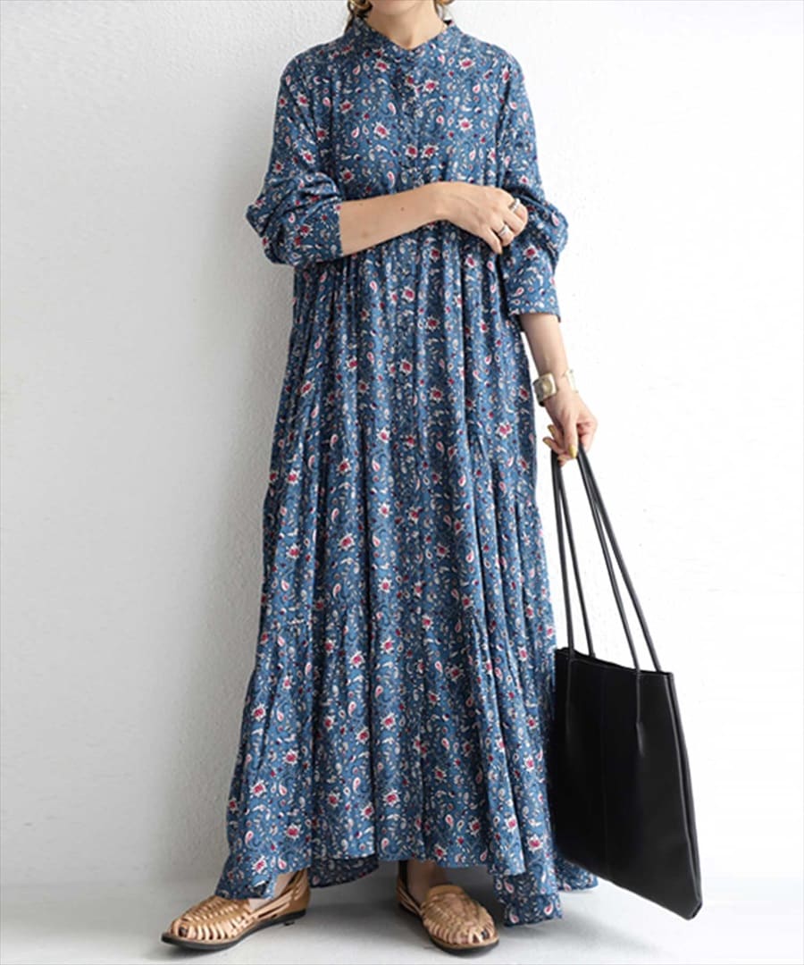 ペイズリー柄 ティアードワンピース ワンピース 長袖 送料無料・再再販