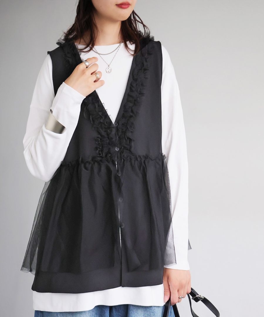 チュールフリルベスト レディース Vネック ノースリーブ 送料