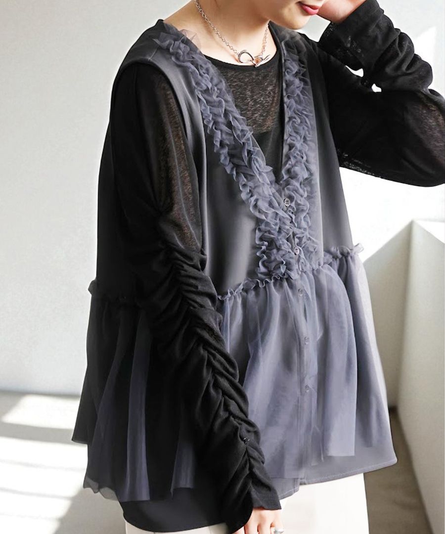 ヌキテパ黒フリル付きノースリーブチュニック定価20,900円 Poly Dupion Strap Frilled Dress | Pasand by ne Quittez pas