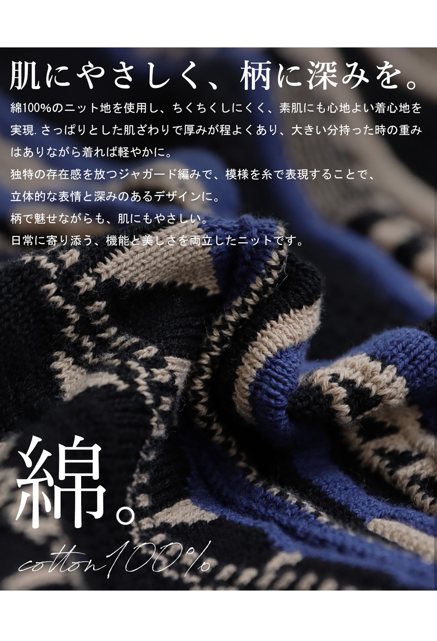 幾何学柄 ジャガードニット メンズ 綿100％ 長袖 送料無料・再入荷