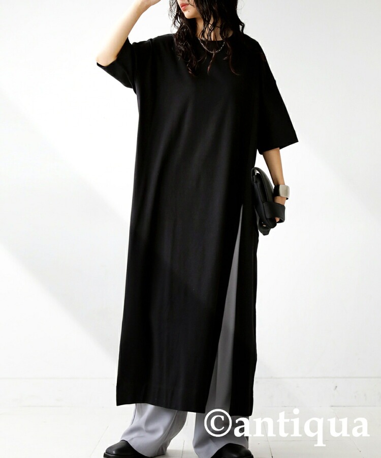 スリットワンピース ワンピース レディース ロング 半袖 無地・再販