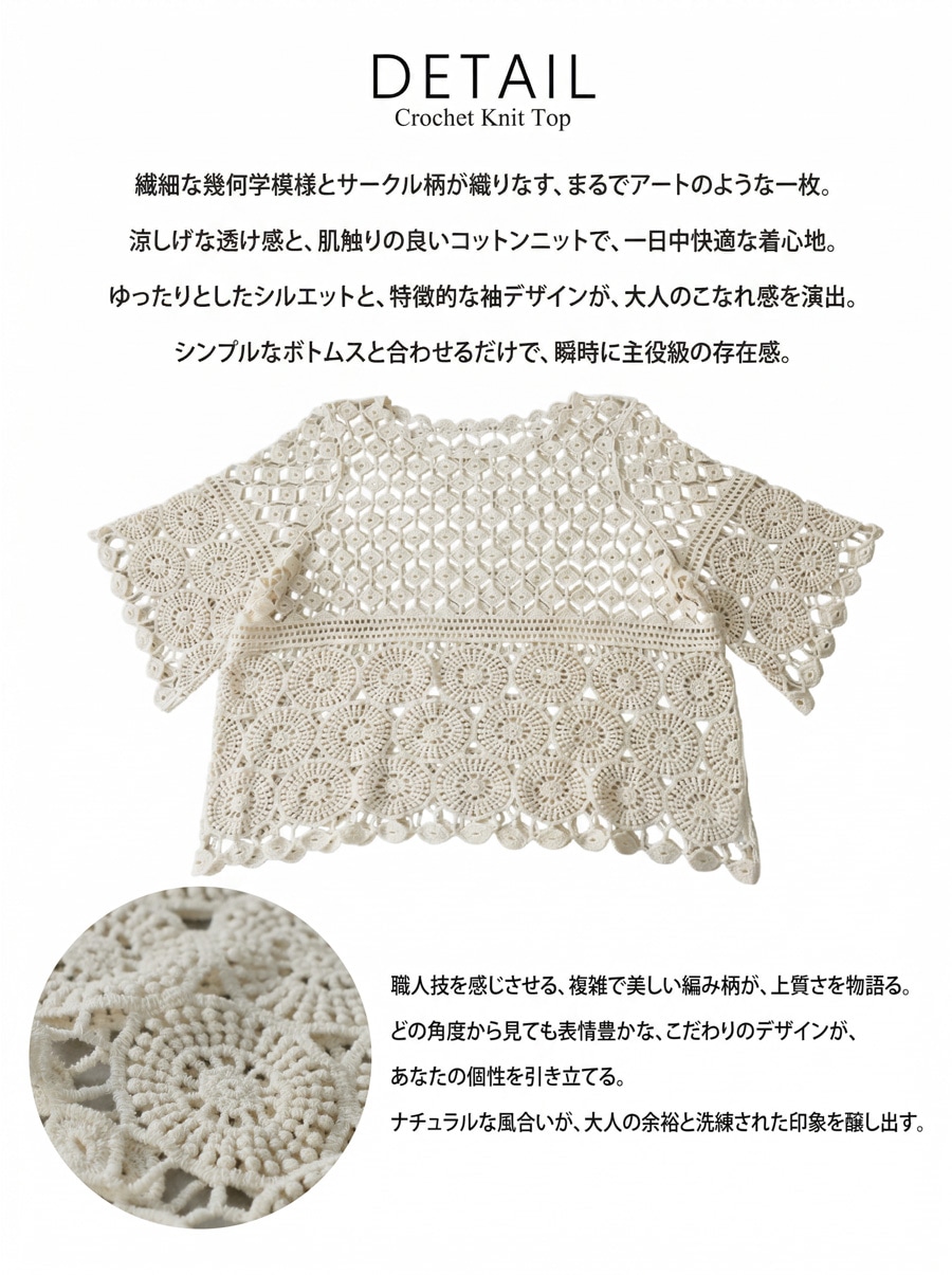 重ねるだけで、差がつく。レーストップス レディース 半袖 透かし編み