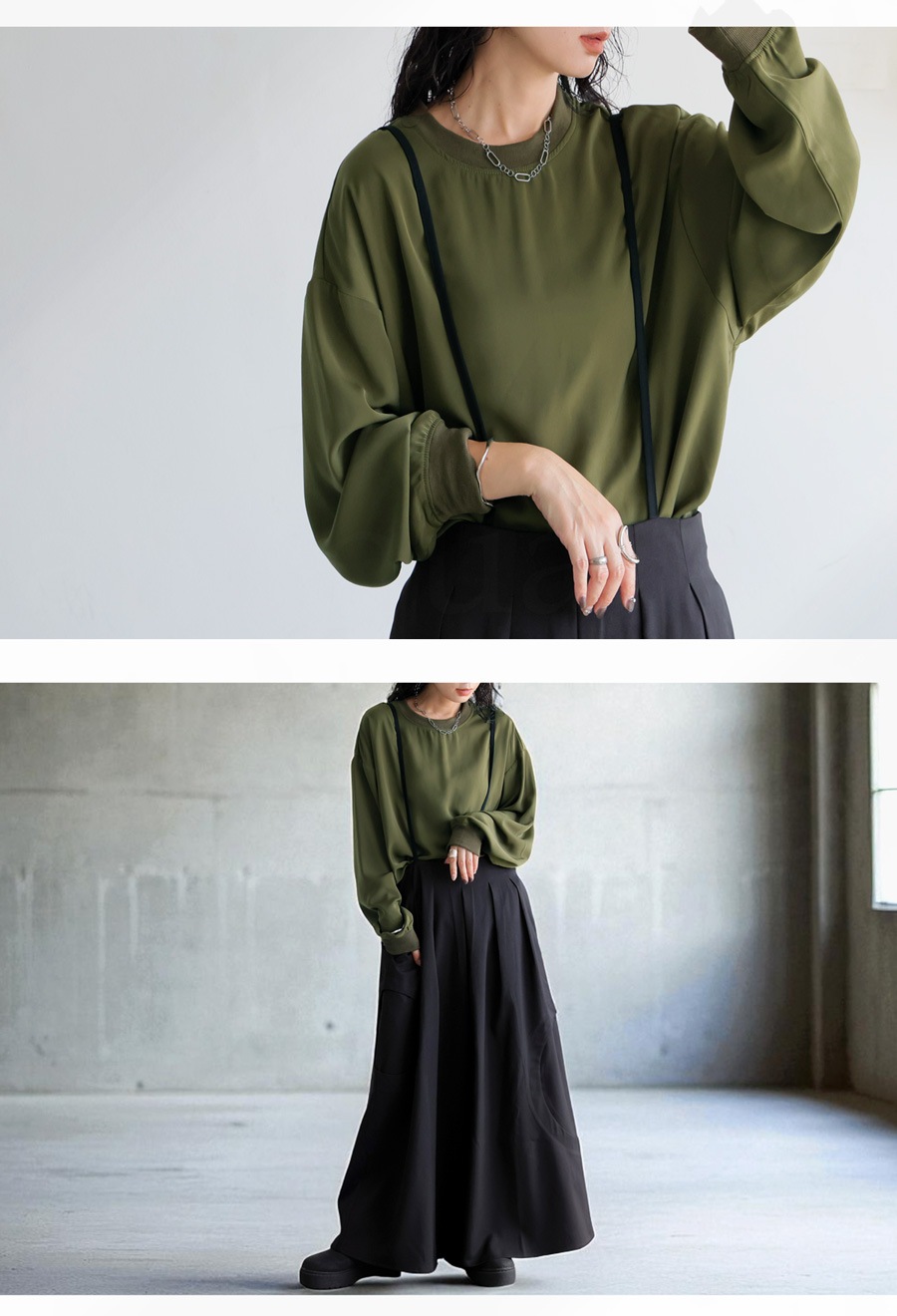 リブ切替布帛トップス ブラウス レディース トップス 長袖 ・再入荷