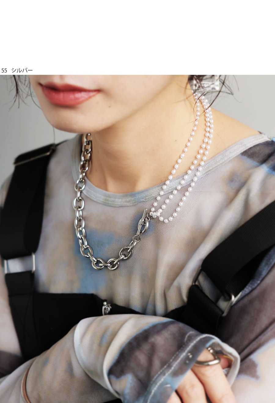 アクセ送料無料 パール チェーンネックレス レディース 異素材