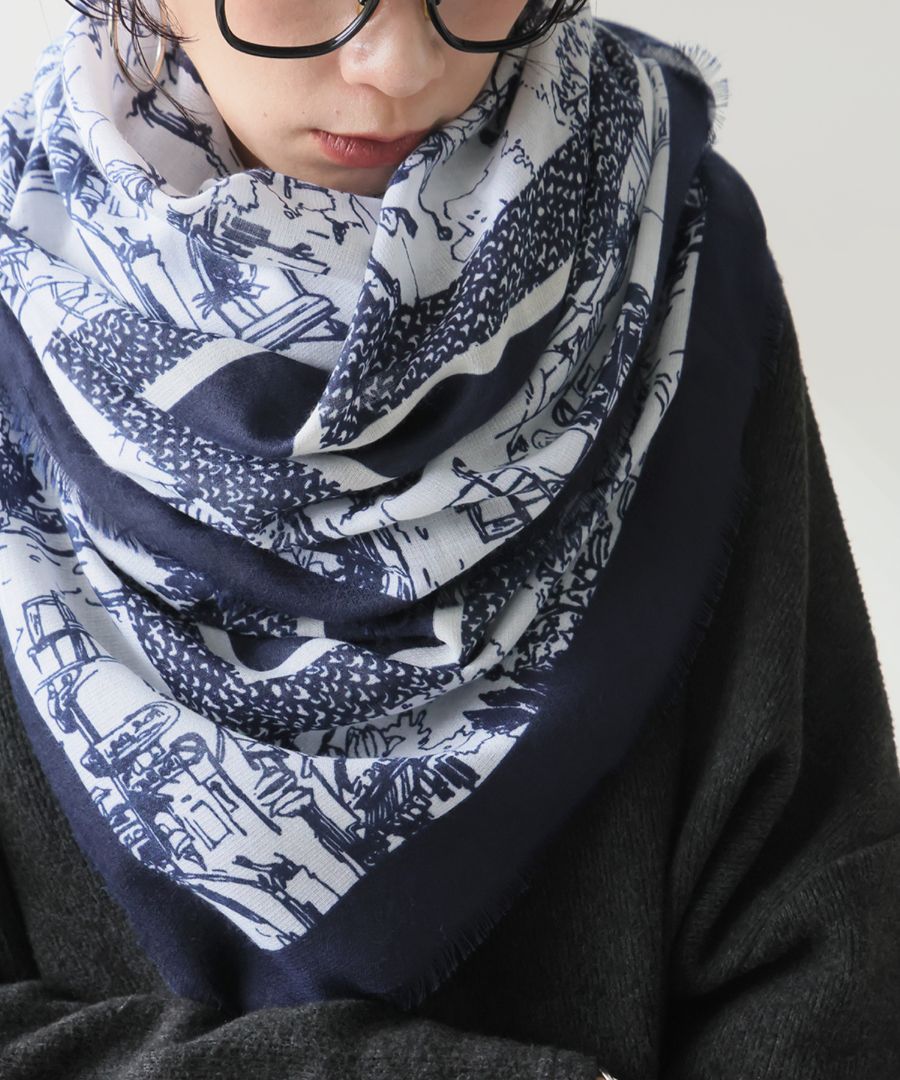 街並み柄 大判スカーフ レディース ストール 正方形 送料無料・(50