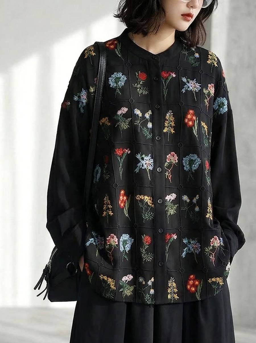 ALL PLUS DELIVER 花柄刺繍 ブラック 長袖Tシャツ 鏡の前で、気分が咲く朝。シャツ レディース 花柄 刺繍 バンドカラー