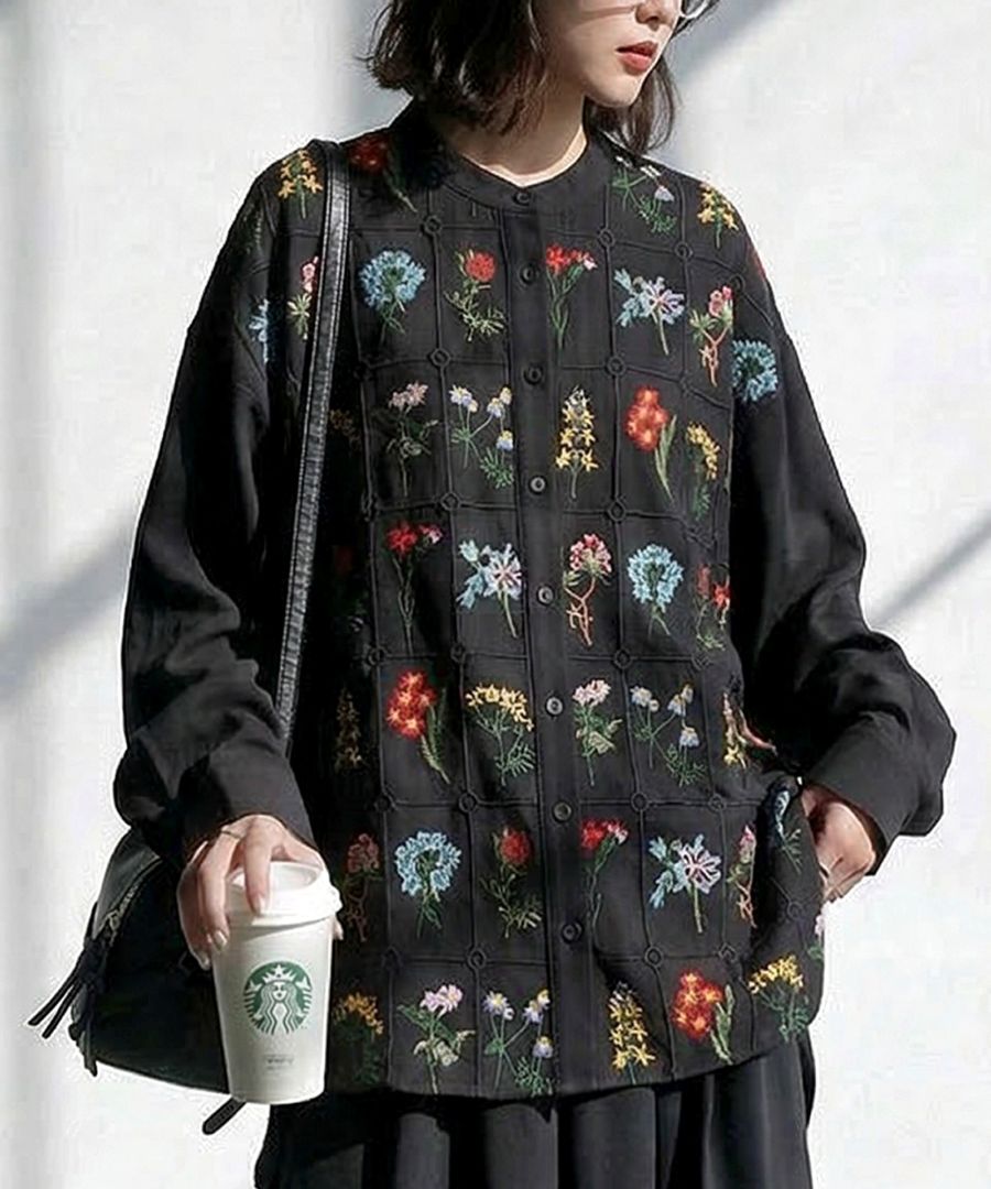 未着用　Smimicollection インド製　花柄シャツ 五分袖　Aライン 大人のための花柄。シャツワンピース レディース 半袖 花柄 ロング