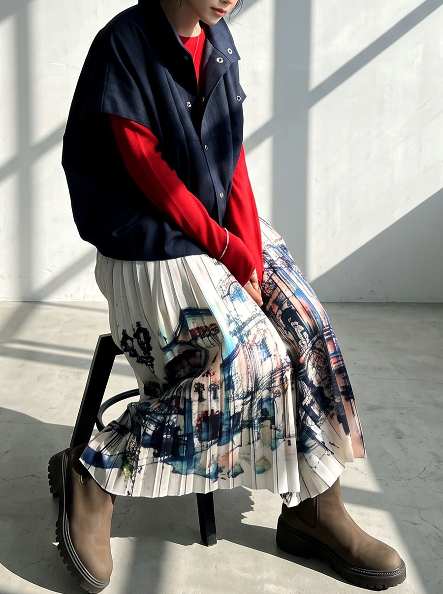 柄を着るなら、潔く。プリーツスカート レディース アート柄 ロング丈