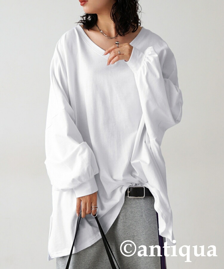 Tシャツ レディース トップス 長袖 無地 Vネック ビッグT・再販。(100