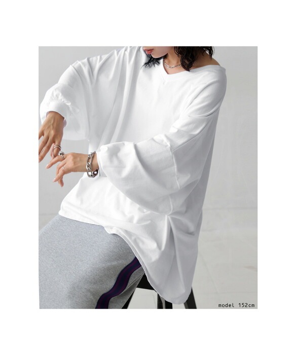 Tシャツ レディース トップス 長袖 無地 Vネック ビッグT・再販。(100