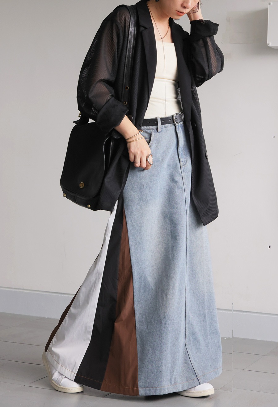 異素材切り替えデニムスカート レディース ロング 送料無料・8月