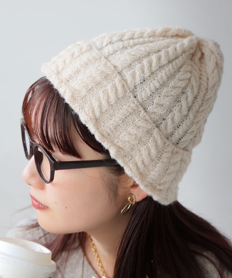 【美品】Athena New York ファー付き ケーブル編み ニット帽 高級 Athena New York Naya (ナヤ) / ニット帽