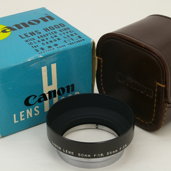 Canon 50mm f1.8 レンズ用 メタルフード 革ケース付