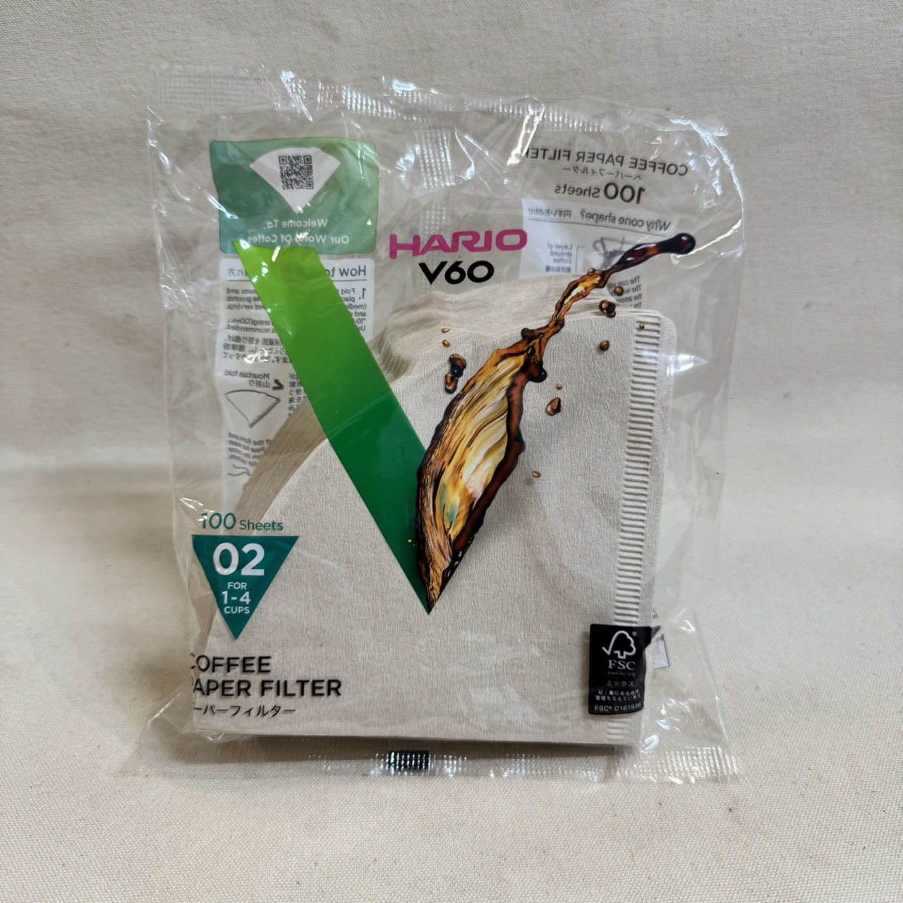 HARIO V60-02用ペーパーフィルター【未晒し】・1-4杯用100枚