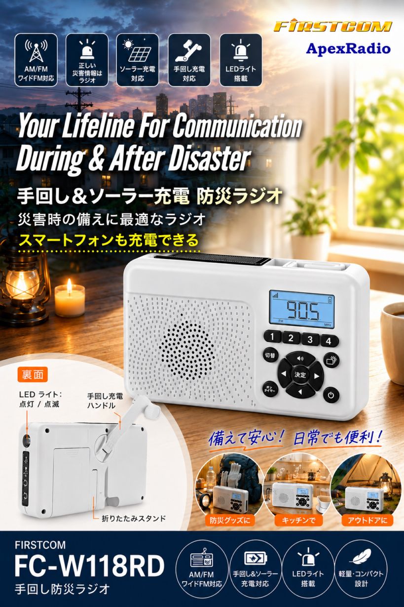 FC-W118RD FRC 日本製 防災ラジオ 手回し ソーラー充電 スマホ充電