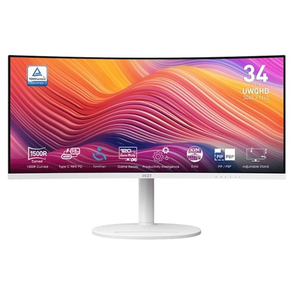 ビジネス向けモニター MSI エムエスアイ Modern MD342CQPW 34型(インチ) ウルトラワイド 解像度(規格) UWQHD(3440x1440) VAパネル ノングレア(非光沢) 入力端子 HDMI2.0x2/USB Type-Cx1/DisplayPort1.4x1 PCモニター 液晶ディスプレイ