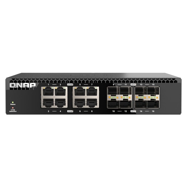 QNAP アンマネージドスイッチ QSW-3216R-8S8T 高速ネットワーク環境向け ハーフワイドラックマウント 16 x 10GbE スイッチングファブリック：320 Gbps 電源内蔵【お取り寄せ商品です/納期都度対応】