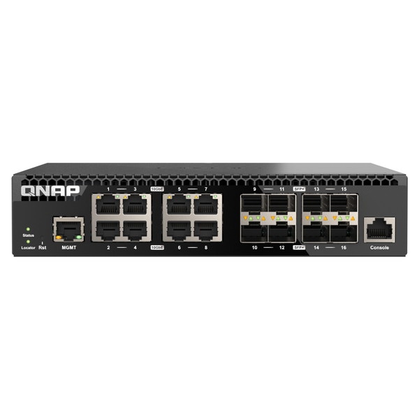 QNAP マネージドスイッチ QSW-M3216R-8S8T ハーフワイドラックマウント型 L2 10GbE Layer 2 ポート数：16 スイッチングファブリック：320 Gbps 電源内蔵【お取り寄せ商品です/納期都度対応】