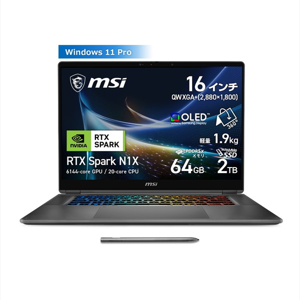 【予約販売 10月下旬頃出荷予定】ノートパソコン MSI Prestige クリエイター向けノートPC RTX Spark Prestige-N16-Flip-AI+C1XMT-3200JP [プラチナグレイ] 16型 OLED (有機EL) / 2880x1800 / NVIDIA Grace 20-core CPU / 64GB / NVIDIA Blackwell RTX 6144-core GPU / SSD 2TB/Windows 11 Pro / 顔認証対応