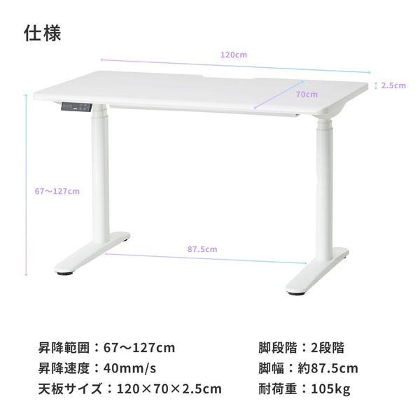 4522327830796 Pixio ゲーミングデスク 1200mm 電動昇降 ホワイト