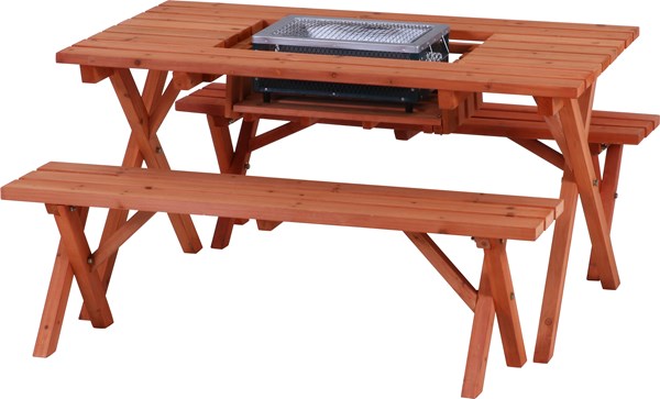 不二貿易 杉材 BBQテーブル&ベンチセット (コンロスペース付) SD09-1032BR 商品コード81761【代引・日時指定・キャンセル不可・北海道沖縄離島配送不可】 -お取リ寄せ-