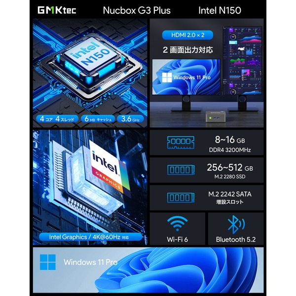 GMKtec �ߥ�PC GMK-G3 PLUS-16/512-W11Pro(N150) Intel Processor N150��� ����ǽ�ߥ�PC Windows 11 Pro �ץꥤ�󥹥ȡ��� ����16 GB���� ����512 GB M.2 PCIe 3.0 SSD��ܡڥ���󥻥��Բġ��̳�ƻ����Υ�������Բġ�