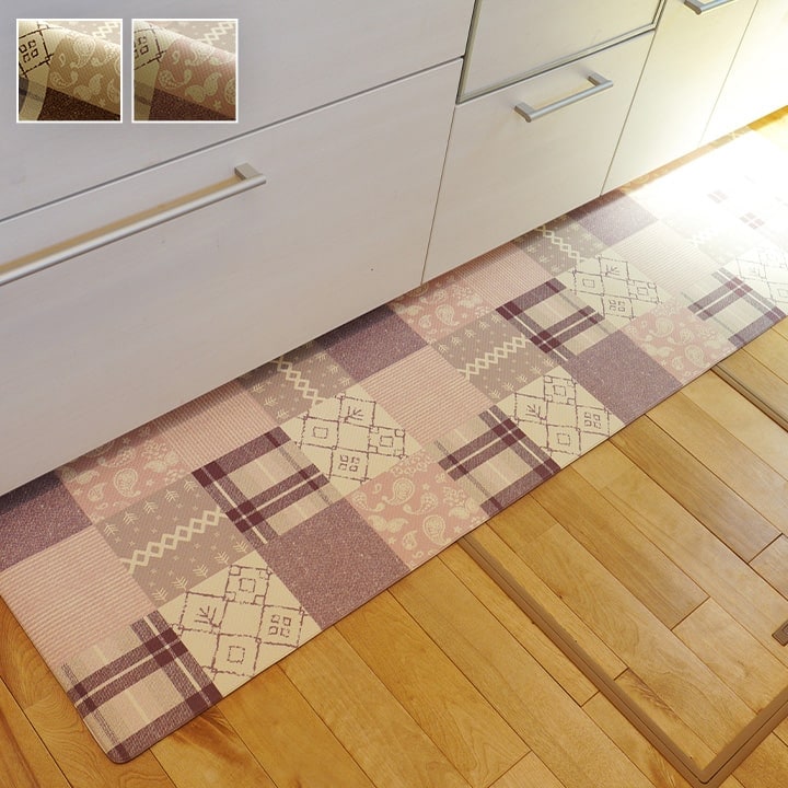 イケヒコ キッチンマット PVC使用 お手入れ簡単 拭ける お掃除ロボ対応 すべりにくい 薄手 耐圧分散 北欧風 カントリー調 ベージュ 約45×180cm 1301310020701【代引き不可】【北海道沖縄離島は配送不可】-お取り寄せ品-