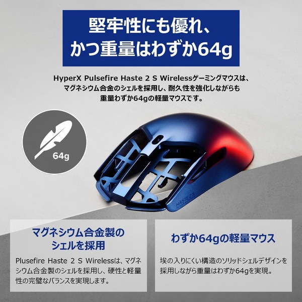 HyperX �����ߥ󥰥ޥ��� HyperX Pulsefire Haste 2 S �磻��쥹 �ޥ��ͥ������⥷���� ����64g ���໤���饹������ NVIDIA Reflex�б� �ͥ��ӡ� 9B001AA �ڥ���󥻥��Բġ��̳�ƻ����Υ�������Բġ� -������-