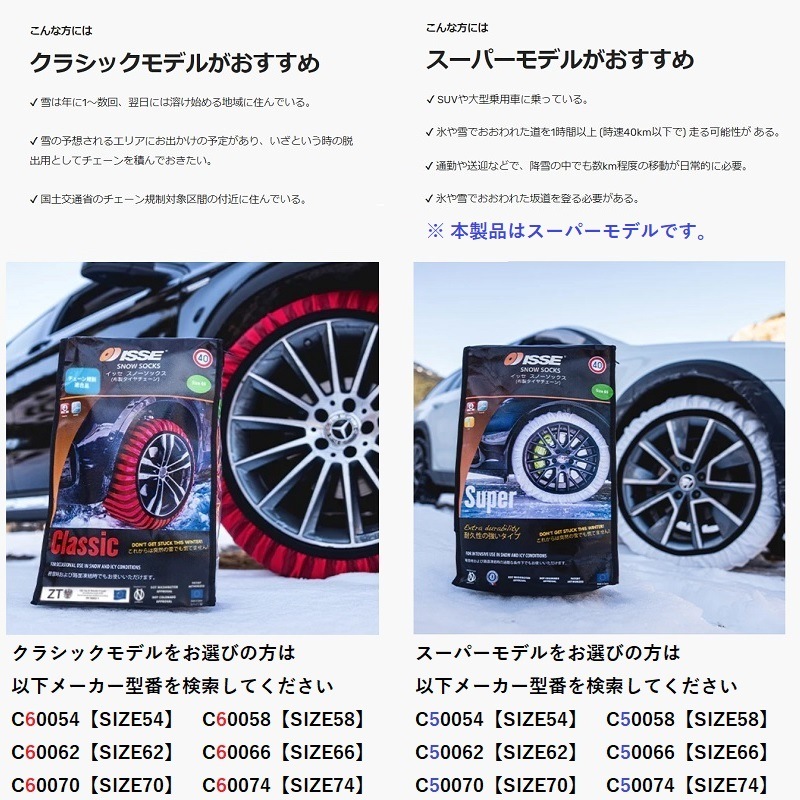 ISSE イッセ スノーソックス スーパーモデル タイヤサイズ215/70R15に対応 高品質タイプ ホワイト (サイズ66/2個入り) 布製タイヤチェーン 215⁄40R14 用 ISSE⁄イッセ スノーソックス スーパー サイズ:54 C50054