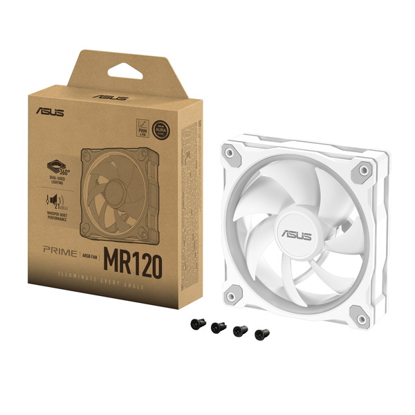 ASUS Prime MR120 ARGB FAN WHITE �ե��󥵥�����120 x 120 x 28 mm �ե���®�١�1600 rpm �ե�������̡�58 CFM �ե����������٥롧21dB�ڥ���󥻥��Բġ��̳�ƻ����Υ�������Բġ�