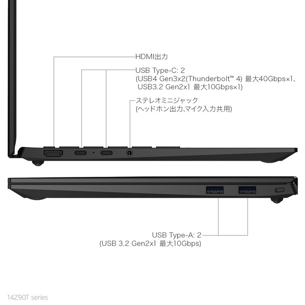 ノートパソコン LG gram 14Z90T-GA52J 14インチ 1920×1200 ノングレア IPSパネル Core Ultra 5 225H SSD:256GB メモリ:16GB Windows 11 Home オブシディアンブラック 日本語キーボード