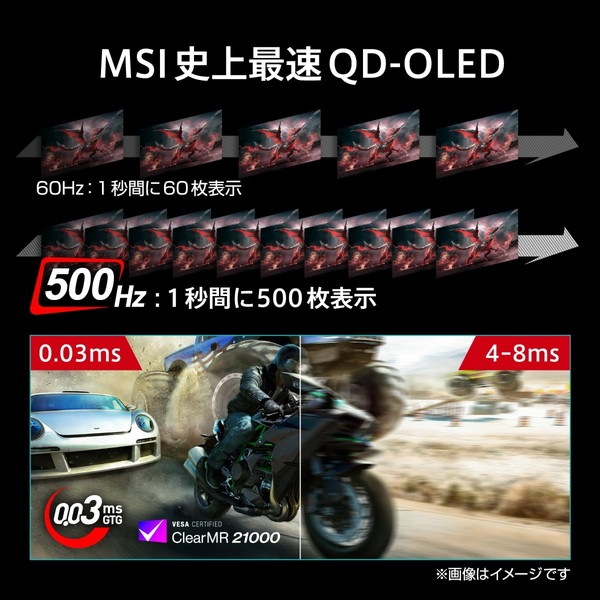 MSI AIセンサー搭載ハイスペックゲーミングモニター MPG 271QR QD-OLED X50 26.5インチ / WQHD 2,560 × 1,440 / 500Hz / 0.03ms GTG / QD-OLED / アンチフリッカー / ナイトビジョン / ハードウェアブルーライトカット / AIビジョン / Adaptive-Sync / DisplayHDR True Black 500 / Gaming Intelligence / KVMスイッチ / Mystic Lig
