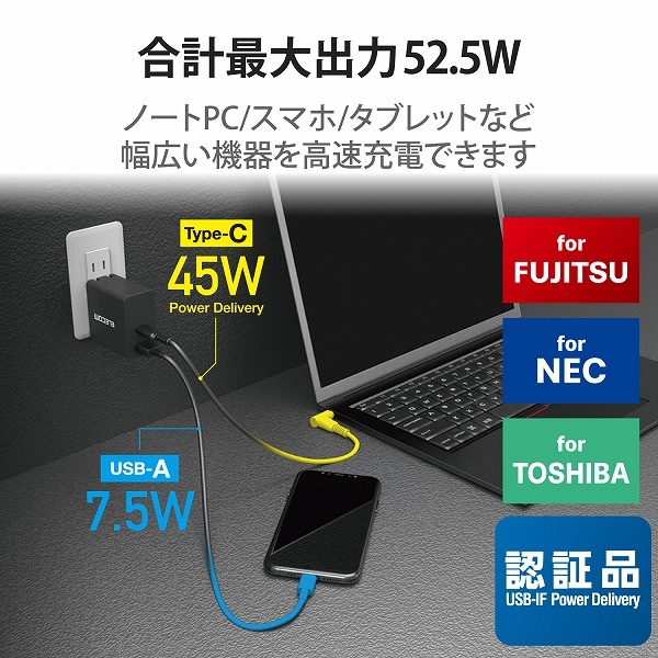 ELECOM 쥳 ACDC-PD10525BK ɎPCACގ̎ߎ USB PDб 52.5W Type-C1Ύߎ USB-AҎ1Ύߎ GaN(ⲽގ؎) C-ݷȎ̎ގ° 2m ̎ގ׎ ڥ󥻥Բġ̳ƻΥԲġ